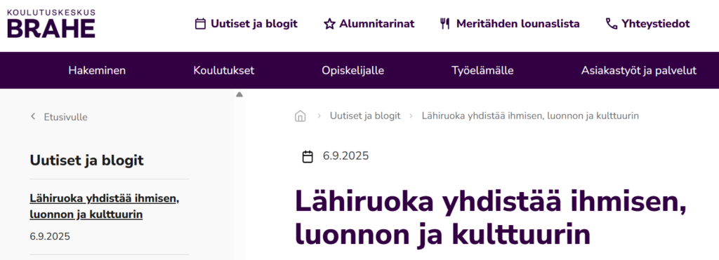 Näkymä Lähiruoka-artikkelista Koulutuskeskus Brahen nettisivuilla
