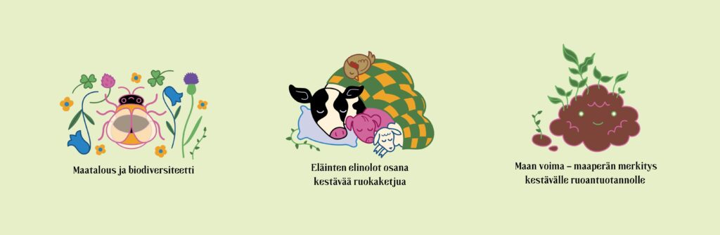 Hankkeen teemakohtaisia kuvituskuvia aiheista luonnon monimuotoisuus, eläinten hyvinvointi ja maaperän merkitys ruoantuotannossa.